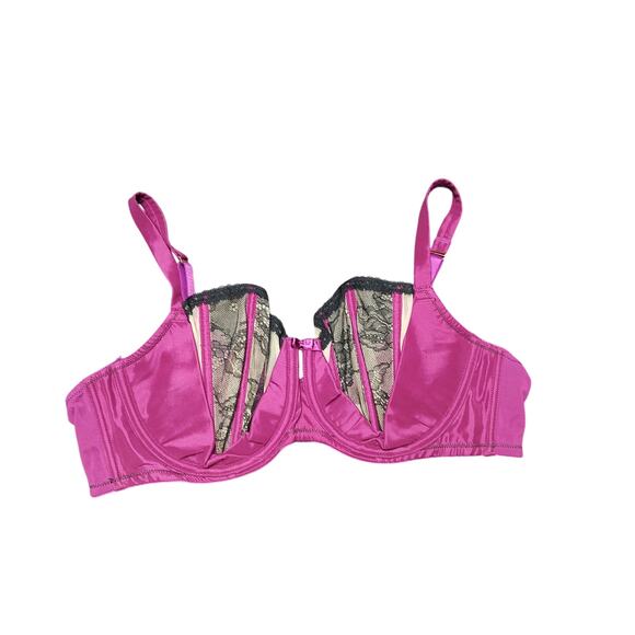 Cacique Other - Cacique Lane Bryant French Balconette Magenta Satin Black Lace Overlay 44C